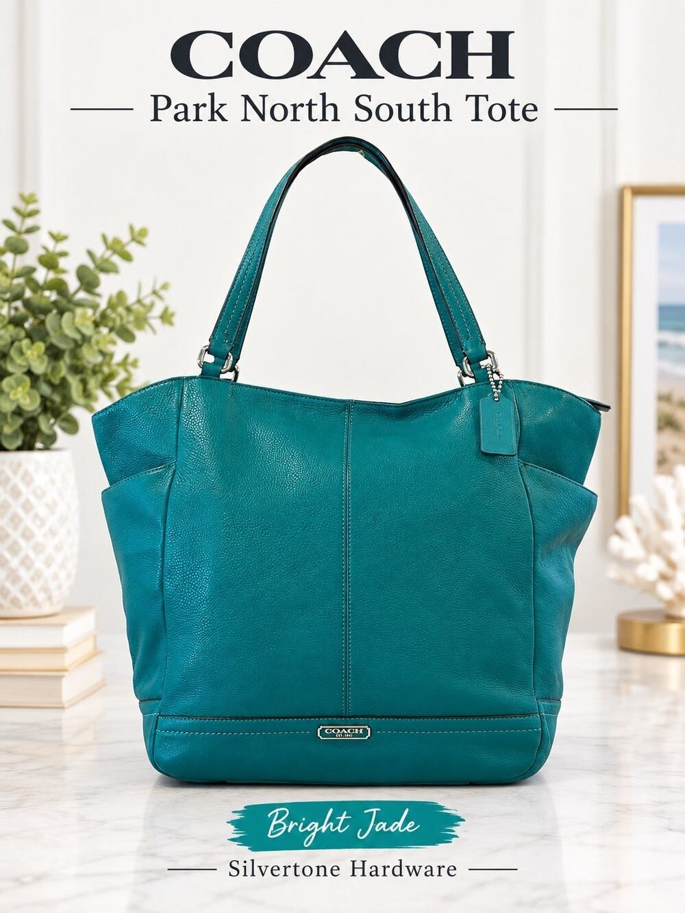 Authentic Coach Park North South Tote Bag – Bright Jade Teal Leather